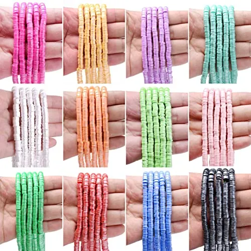 12 Strands New Shiny Pearl Color 6mm Flat Round Polymer Clay Beads Chip Disk Loose Spacer Handmade Boho Slice Heishi Beads for DIY Jewelry Making