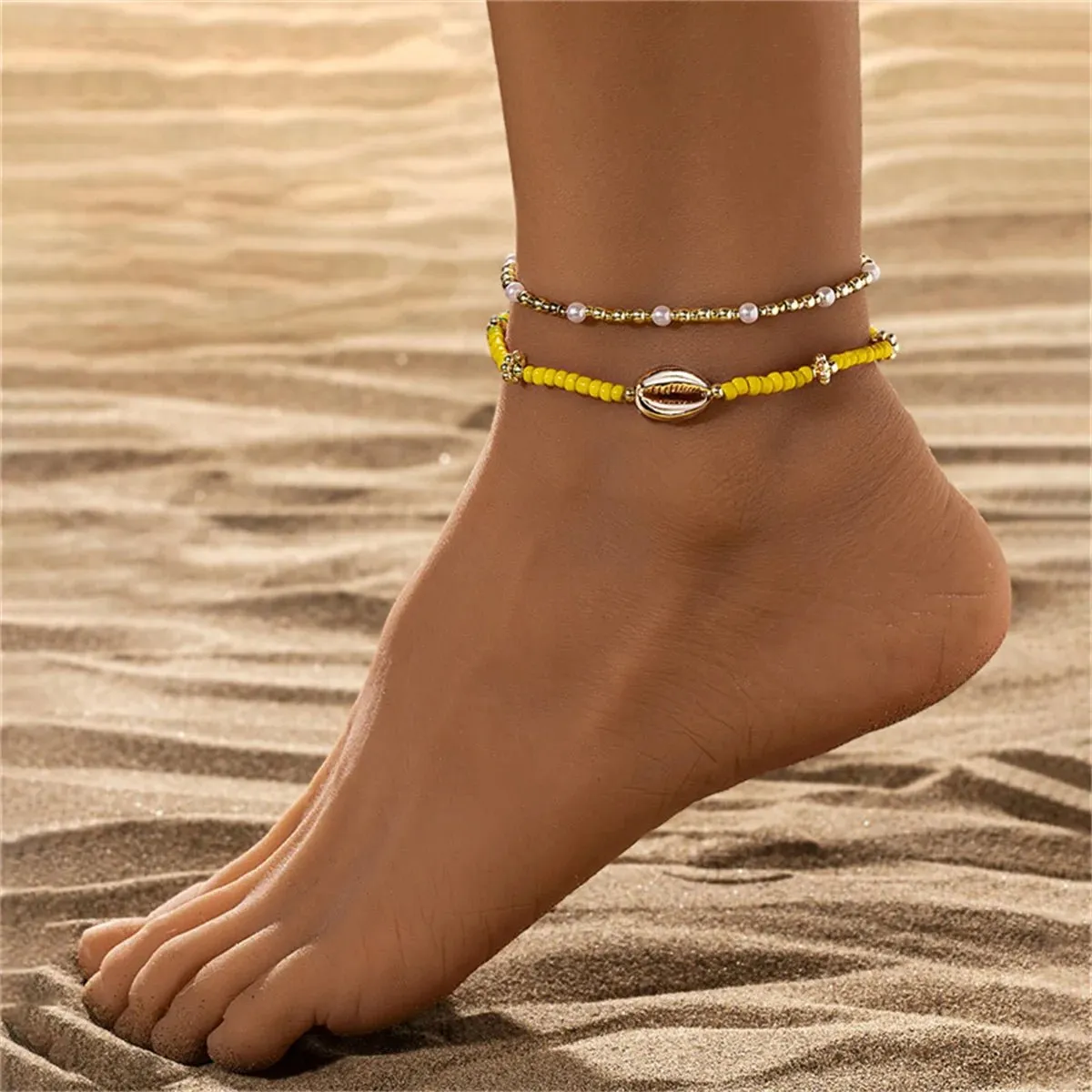 2Pcs/Set Bohemia Metal Shell Colorful Resin Beads Anklet For Women Barefoot Shell Ankle Bracelet Summer Beach Foot Chain Jewelry