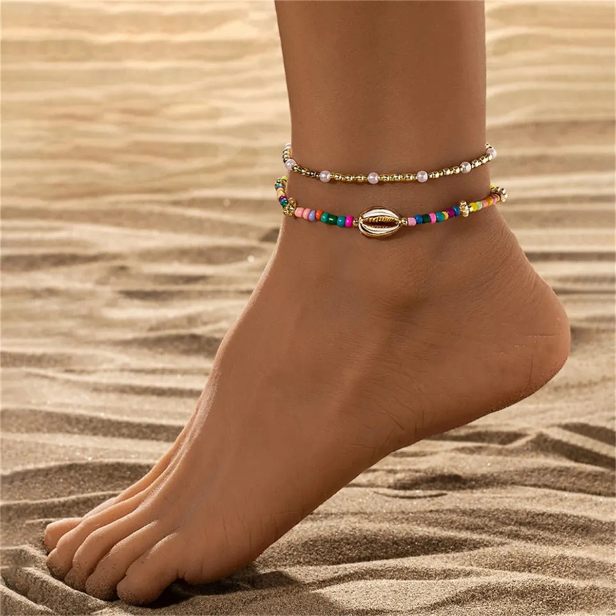 2Pcs/Set Bohemia Metal Shell Colorful Resin Beads Anklet For Women Barefoot Shell Ankle Bracelet Summer Beach Foot Chain Jewelry