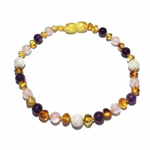 Adult Tara Moon Baltic Amber Moonstone Amethyst Rose Quartz Anklet