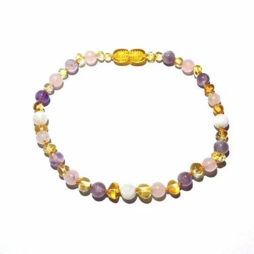 Adult Tara Moon Baltic Amber Moonstone Amethyst Rose Quartz Anklet