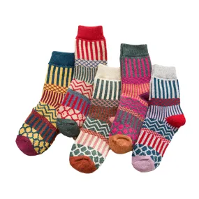 Anysox 5 Pairs One Size 5-9 Multicolor Winter Thick Warm Wool Socks With Colorful Fashionable And Casual Euramerican National Wind-Flowers Sock