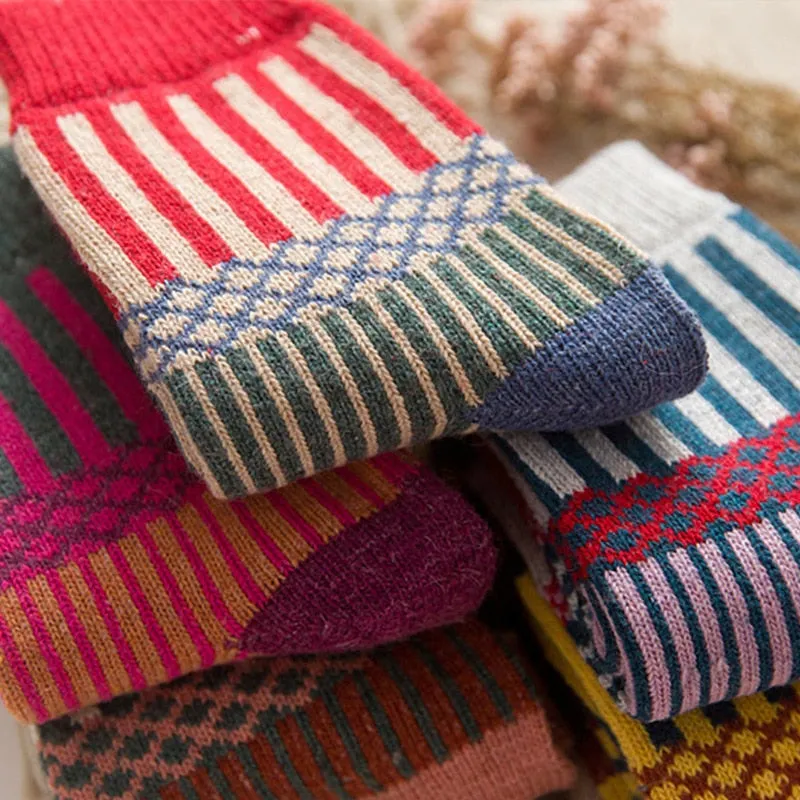 Anysox 5 Pairs One Size 5-9 Multicolor Winter Thick Warm Wool Socks With Colorful Fashionable And Casual Euramerican National Wind-Flowers Sock