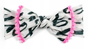 Baby Bling White  & Black XOXO w/Neon Pink Pom Trimmed Printed Knot Headband