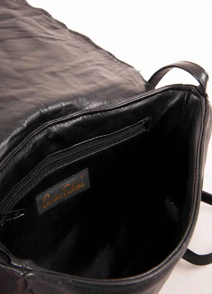 Black Leather Textured Flap Shoulder Bag