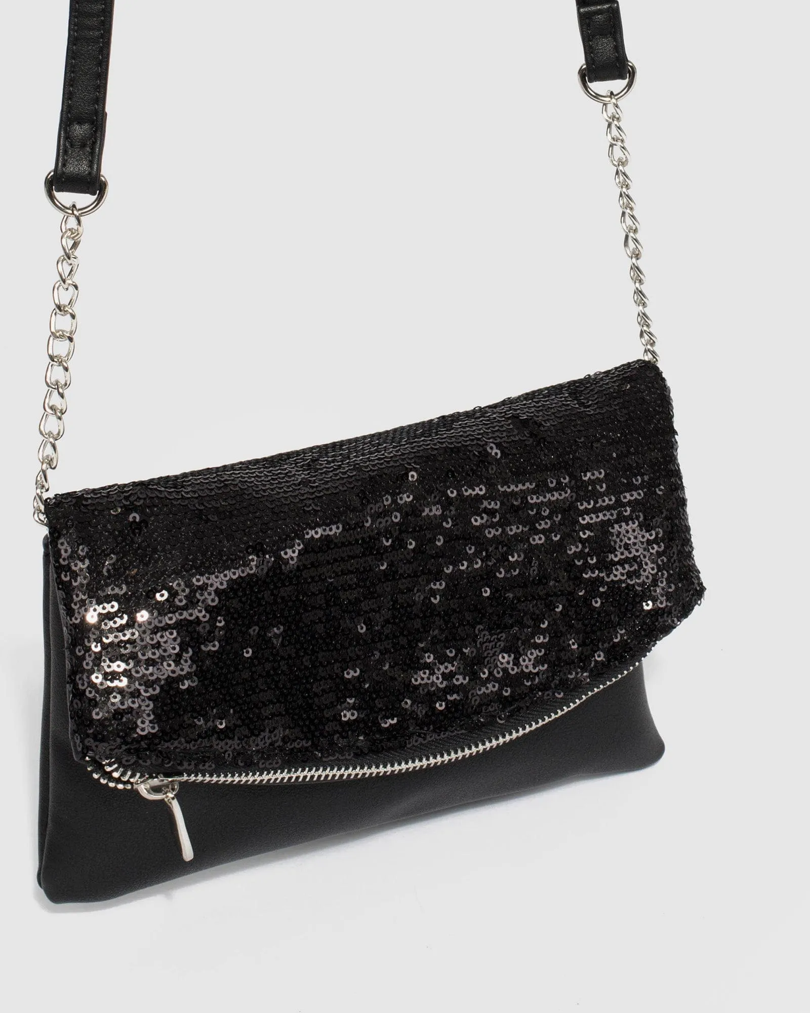 Black Zoe Sequin Foldover Clutch Bag