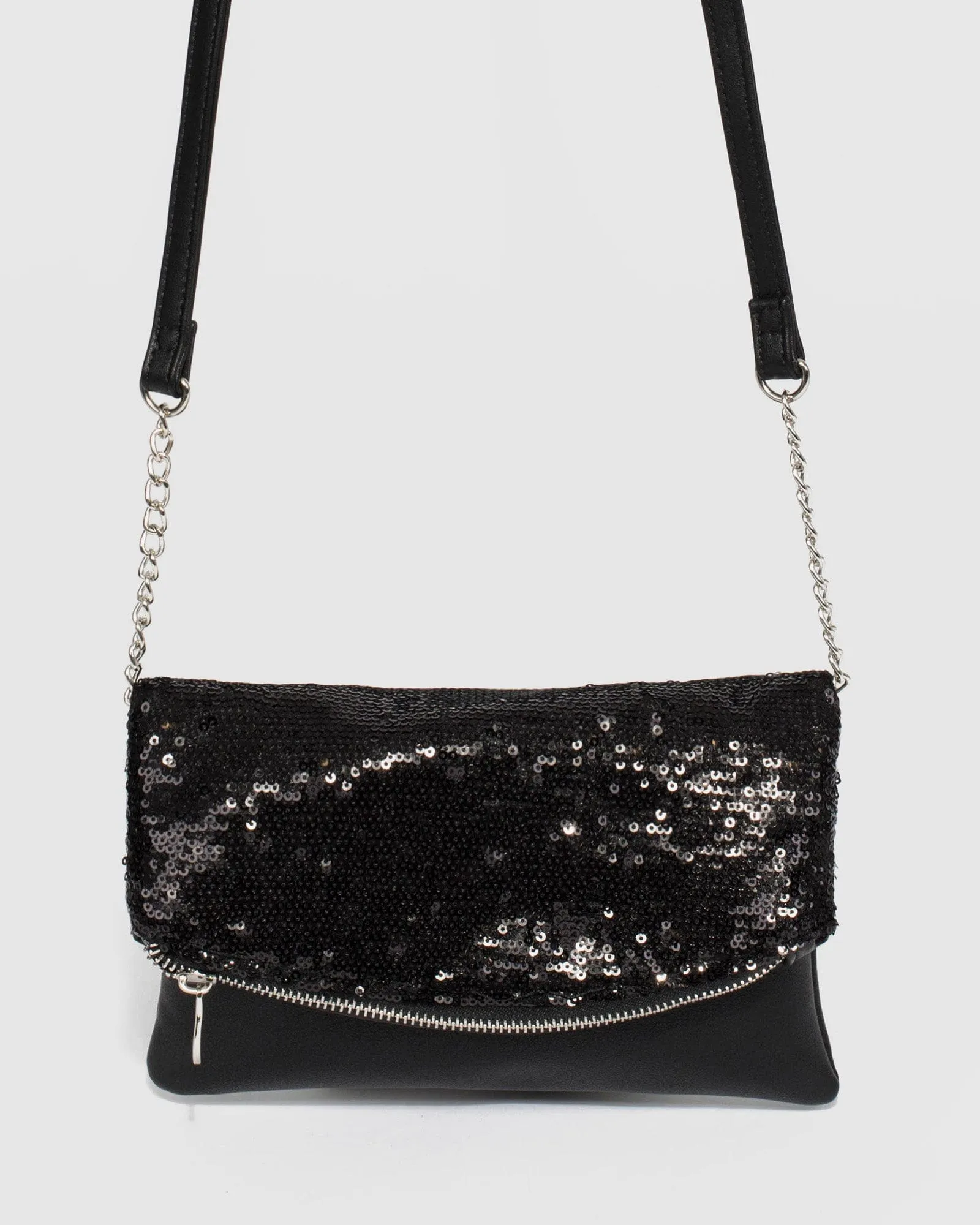 Black Zoe Sequin Foldover Clutch Bag