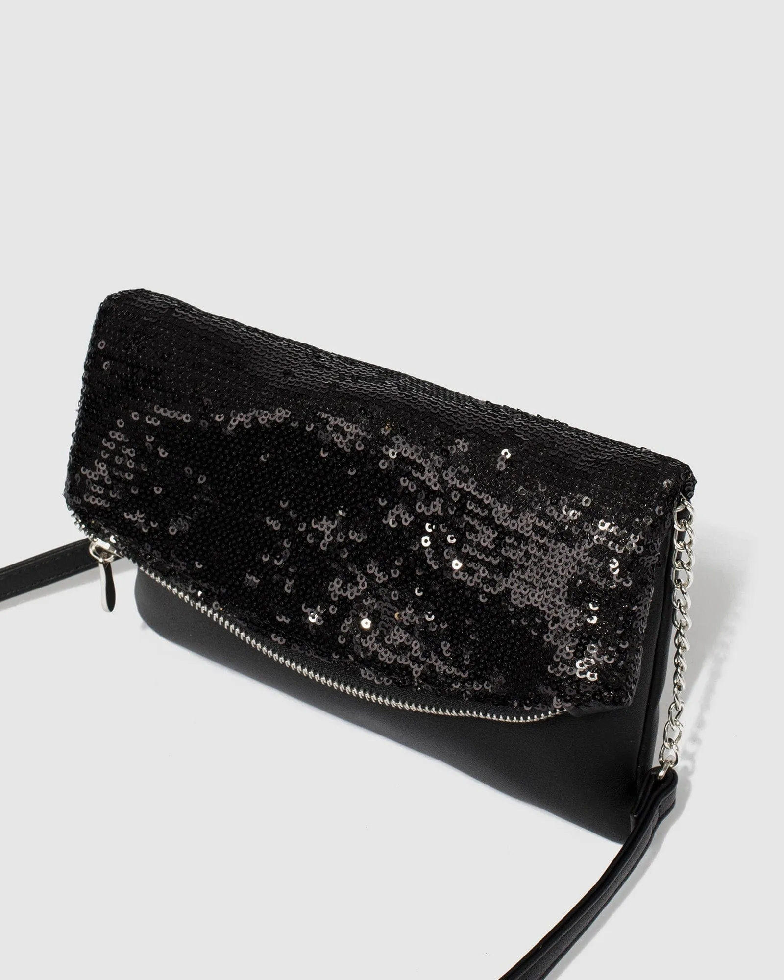 Black Zoe Sequin Foldover Clutch Bag