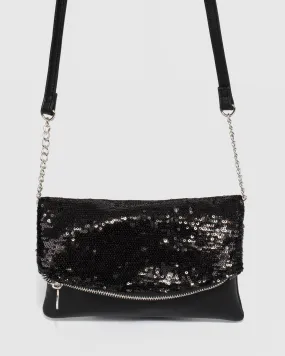 Black Zoe Sequin Foldover Clutch Bag
