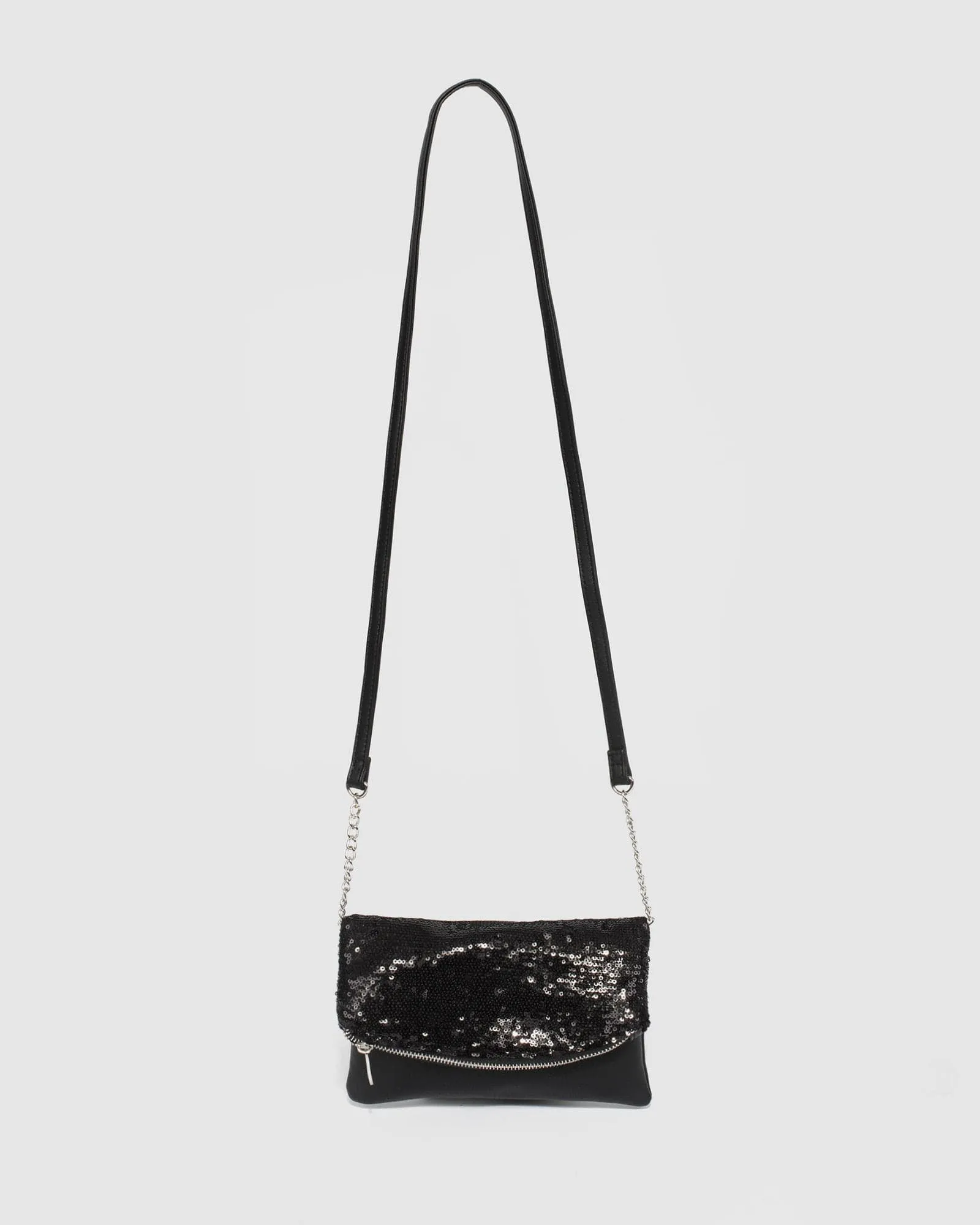 Black Zoe Sequin Foldover Clutch Bag