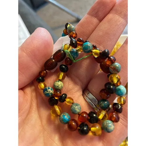 Child Autumn Rain Jasper and Rainbow Baltic Amber Anklet Bracelet
