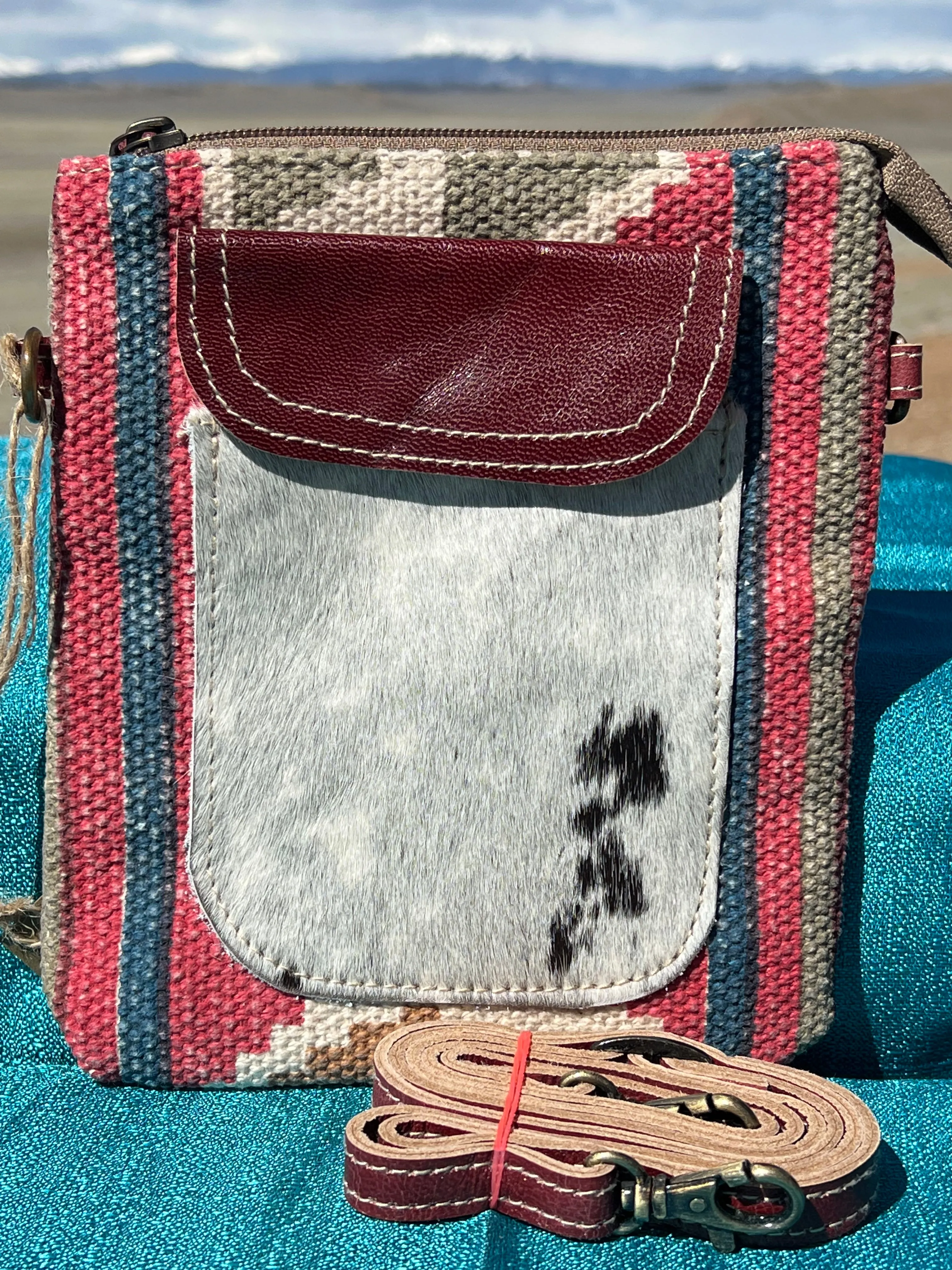 Cowhide Pocket & Stripes Crossbody Bag