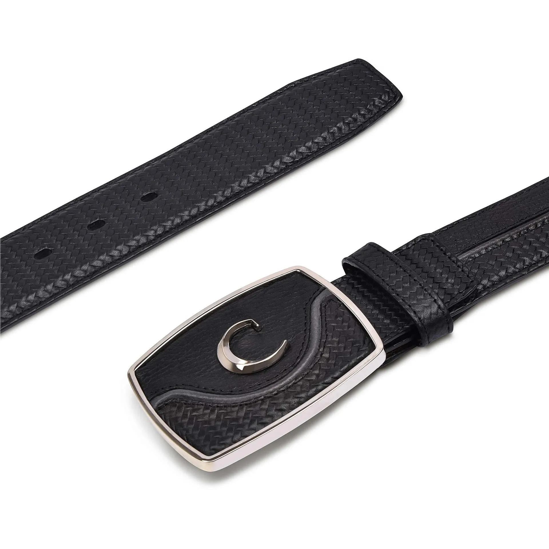 CV414RS - Cuadra black fashion cowboy woven cowhide leather belt for men