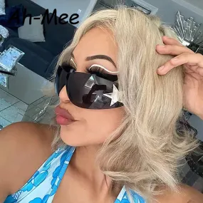 Cycling Y2K Rimless Punk One Piece Sunglasses Women Goggle Luxury Brand Shades Sun Glasses Female Five Star Wrap Around Eyewear