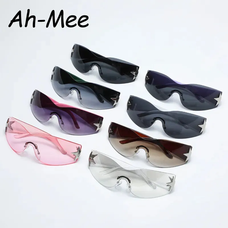 Cycling Y2K Rimless Punk One Piece Sunglasses Women Goggle Luxury Brand Shades Sun Glasses Female Five Star Wrap Around Eyewear