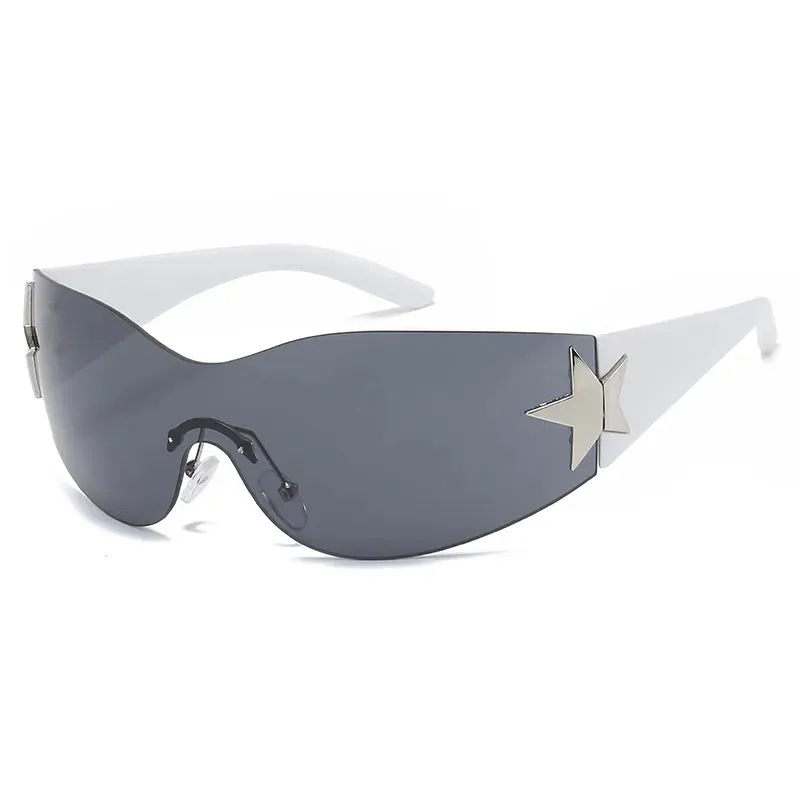 Cycling Y2K Rimless Punk One Piece Sunglasses Women Goggle Luxury Brand Shades Sun Glasses Female Five Star Wrap Around Eyewear