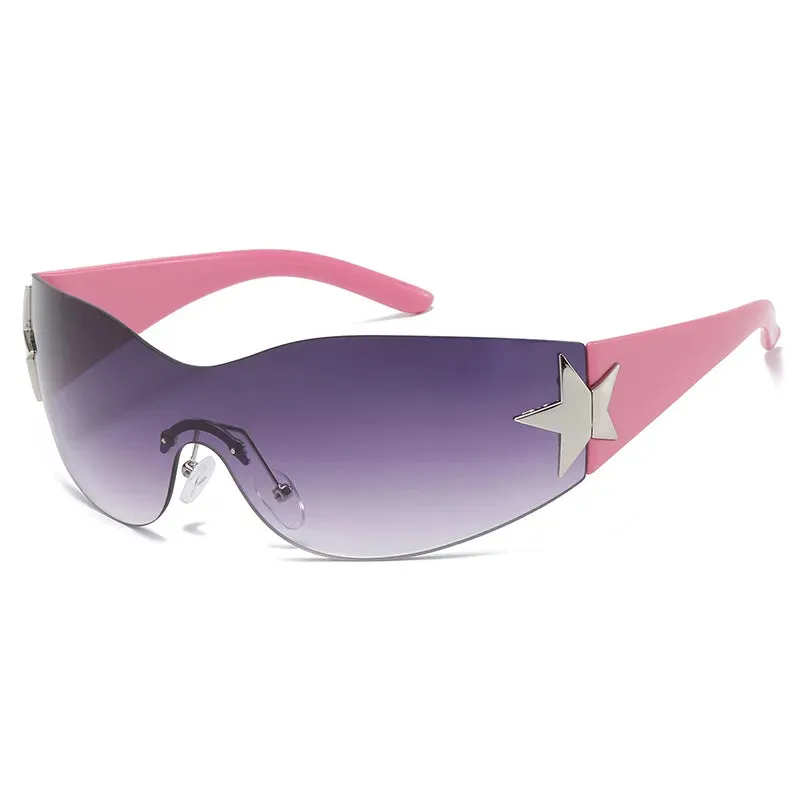 Cycling Y2K Rimless Punk One Piece Sunglasses Women Goggle Luxury Brand Shades Sun Glasses Female Five Star Wrap Around Eyewear