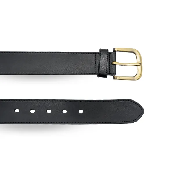 DUBBO - Mens Black Genuine Leather Belt with Antique Brushed Gold Buckle