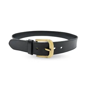 DUBBO - Mens Black Genuine Leather Belt with Antique Brushed Gold Buckle