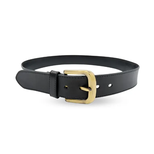 DUBBO - Mens Black Genuine Leather Belt with Antique Brushed Gold Buckle