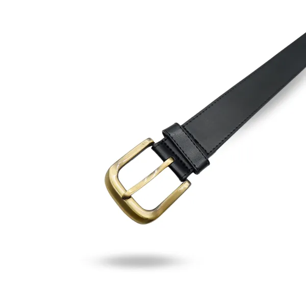 DUBBO - Mens Black Genuine Leather Belt with Antique Brushed Gold Buckle