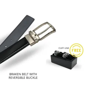 Gift BRAKEN & Cuff Link- Mens Black matte & glossy Genuine Leather Reversible Belt & select your own Buckle