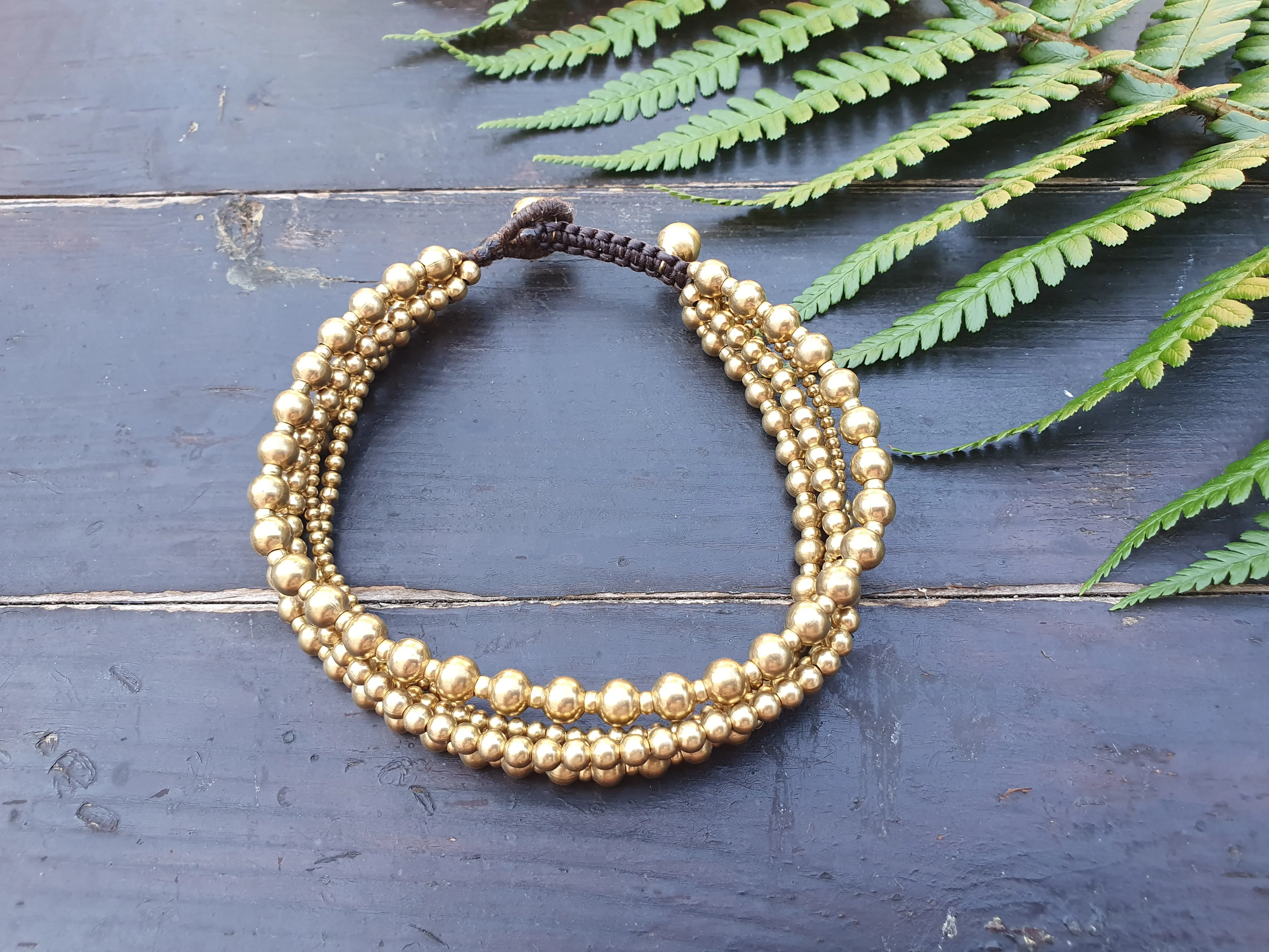 Gold beaded multi-strand statement anklet, gift for woman, gift for best friend, gold stone macrame boho tribal aztec beach ethnic holiday Thai anklet