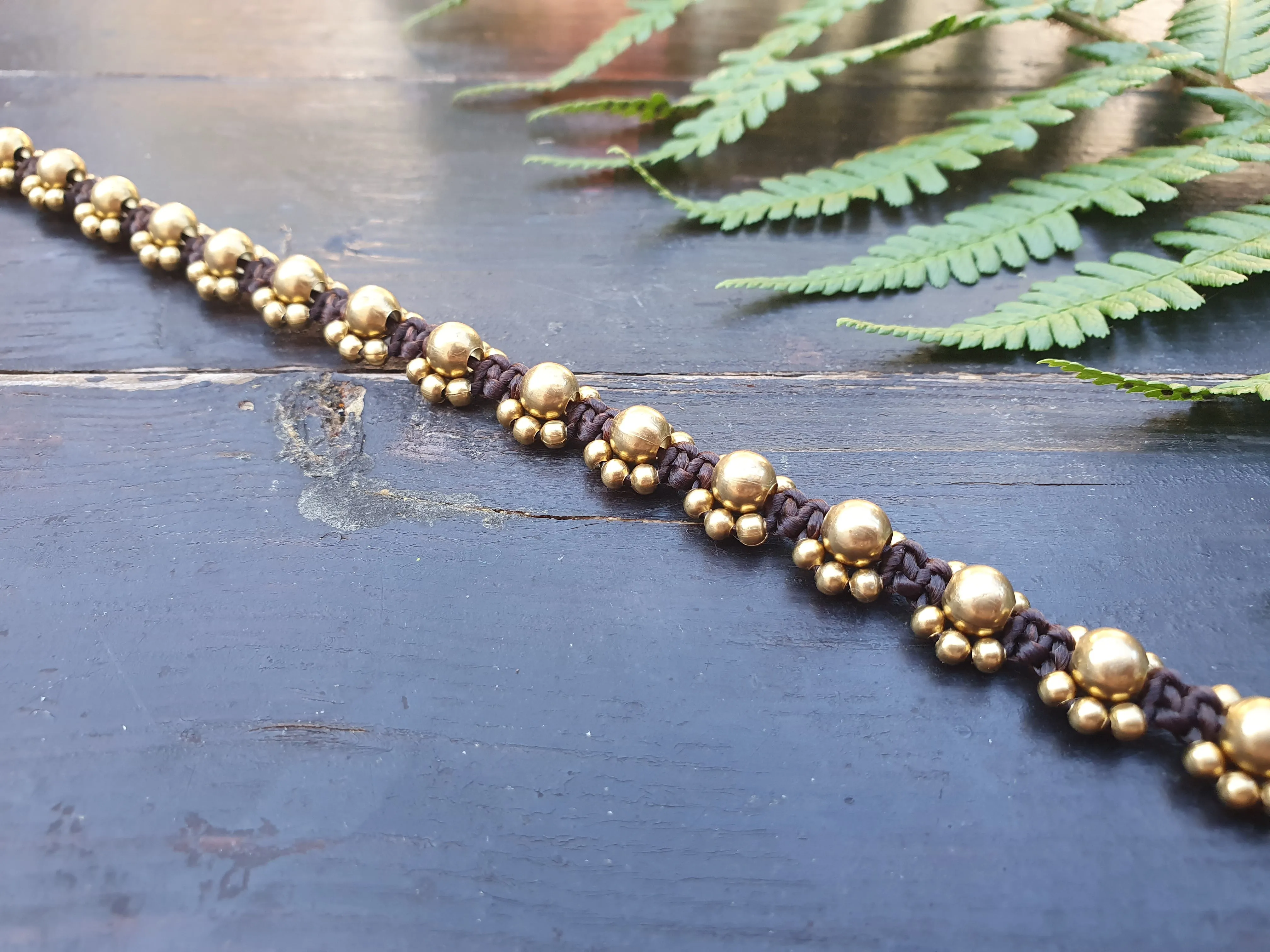 Gold brass bead daisy flower power anklet, brown macrame boho beach birthday gift, cord anniversary tribal queen wanderlust 70s vibe