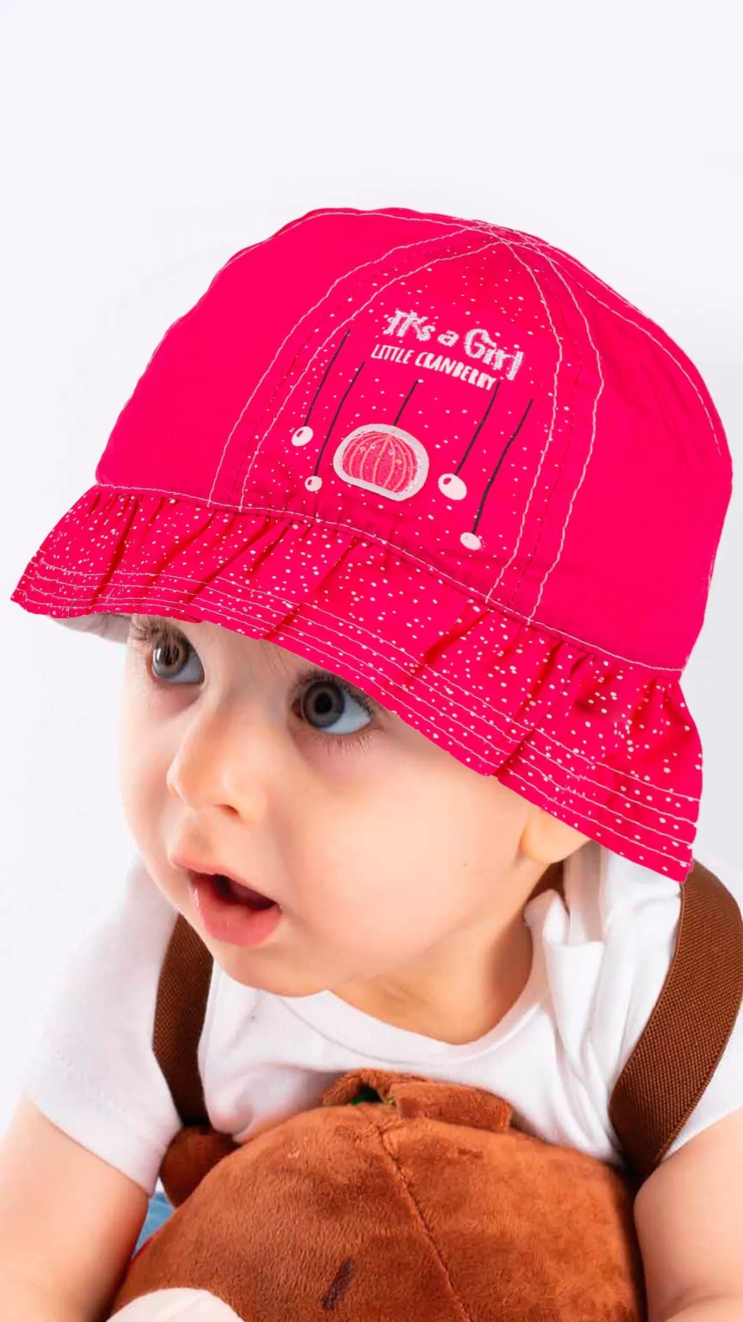 Infant Bucket Hat, It's A Girl Cranberry Cotton Printed Babies Hat, Infant Pink Hat, 0-18 Months