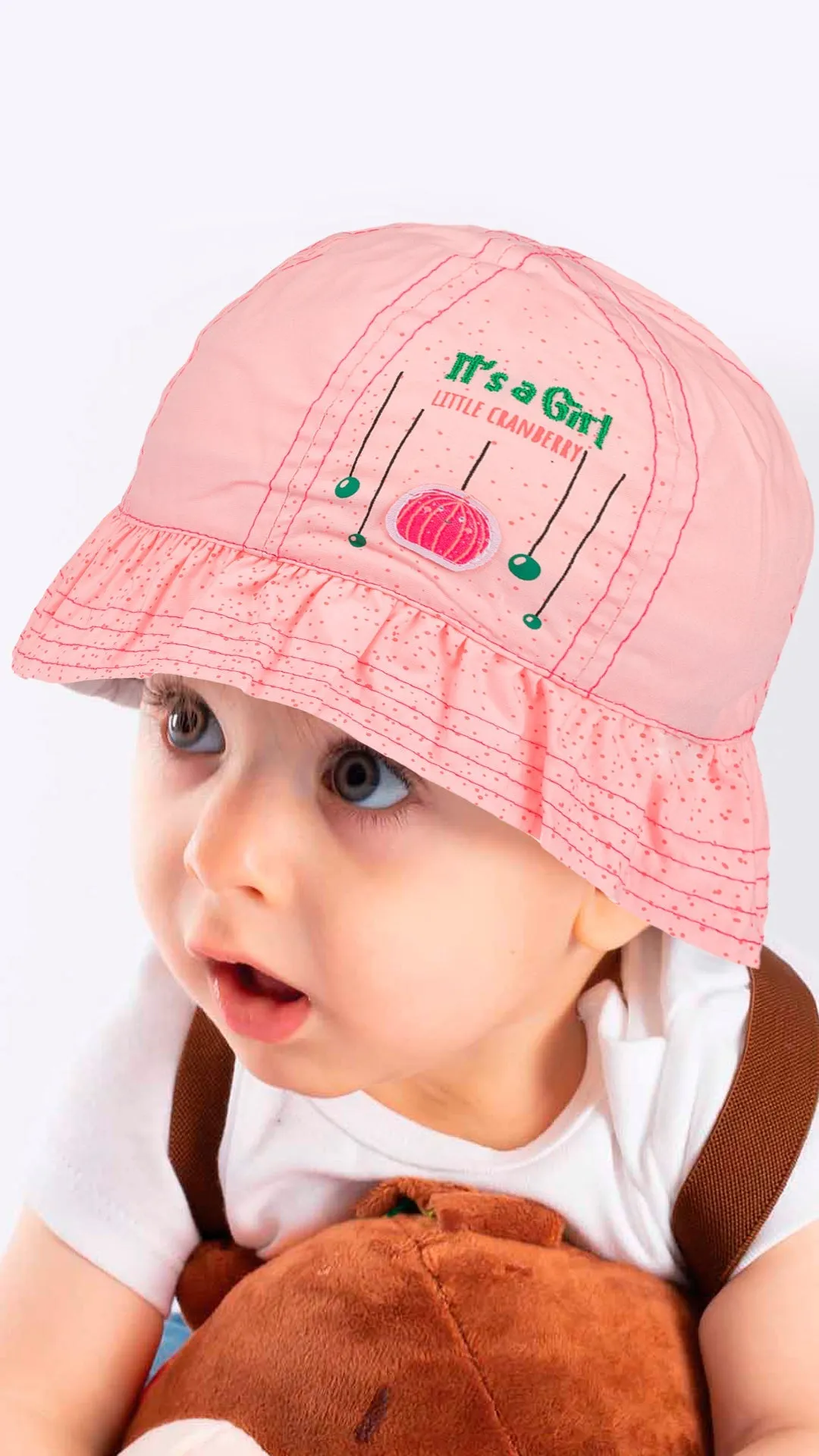 Infant Bucket Hat, It's A Girl Cranberry Cotton Printed Babies Hat, Infant Pink Hat, 0-18 Months